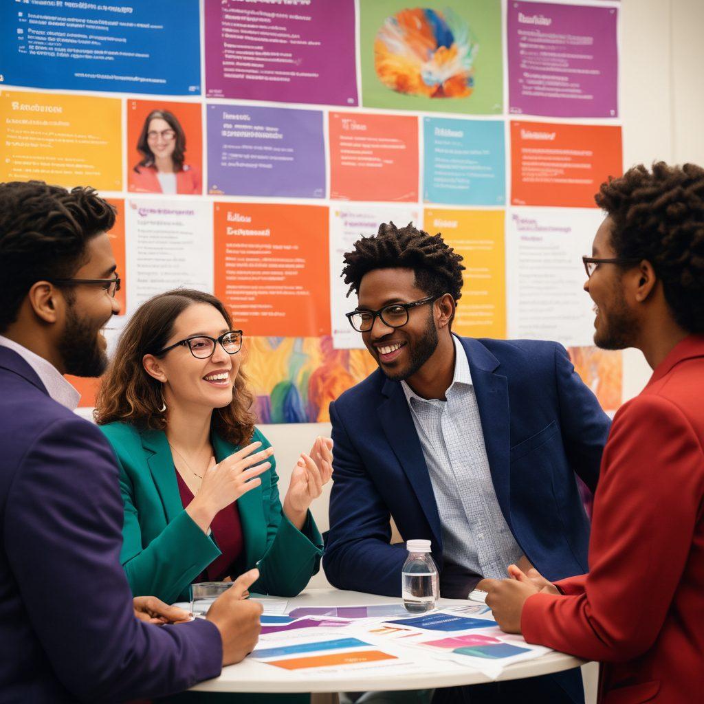 A vibrant scene depicting a diverse group of PhD candidates engaged in an animated networking session at a conference. They are surrounded by posters showcasing research themes, while one candidate discusses funding opportunities with a mentor. The background is filled with colorful waves suggesting dynamic flow of ideas and collaboration. super-realistic. vibrant colors. educational atmosphere.