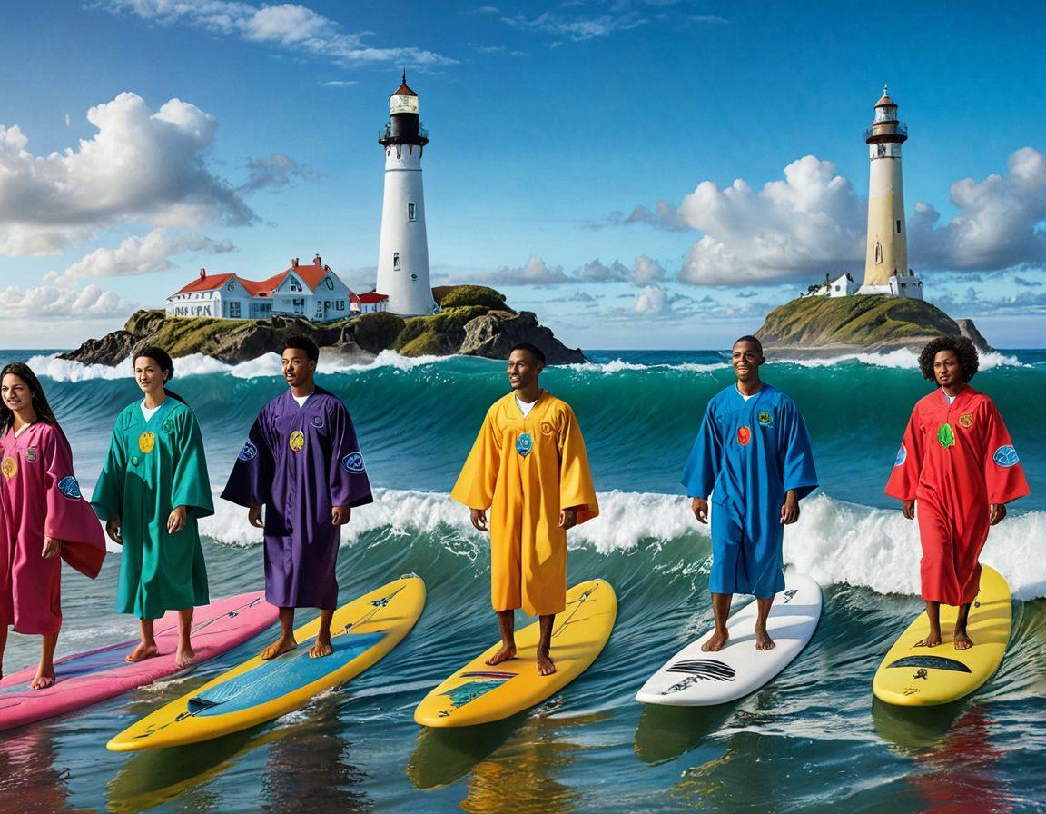 A serene ocean scene with waves symbolizing the journey of graduate education, featuring a diverse group of students in academic robes riding the waves on surfboards, each representing different PhD fields. In the background, an inspiring lighthouse guiding them symbolizes opportunities. Bright, uplifting colors to evoke hope and motivation. super-realistic. vibrant colors. white background.