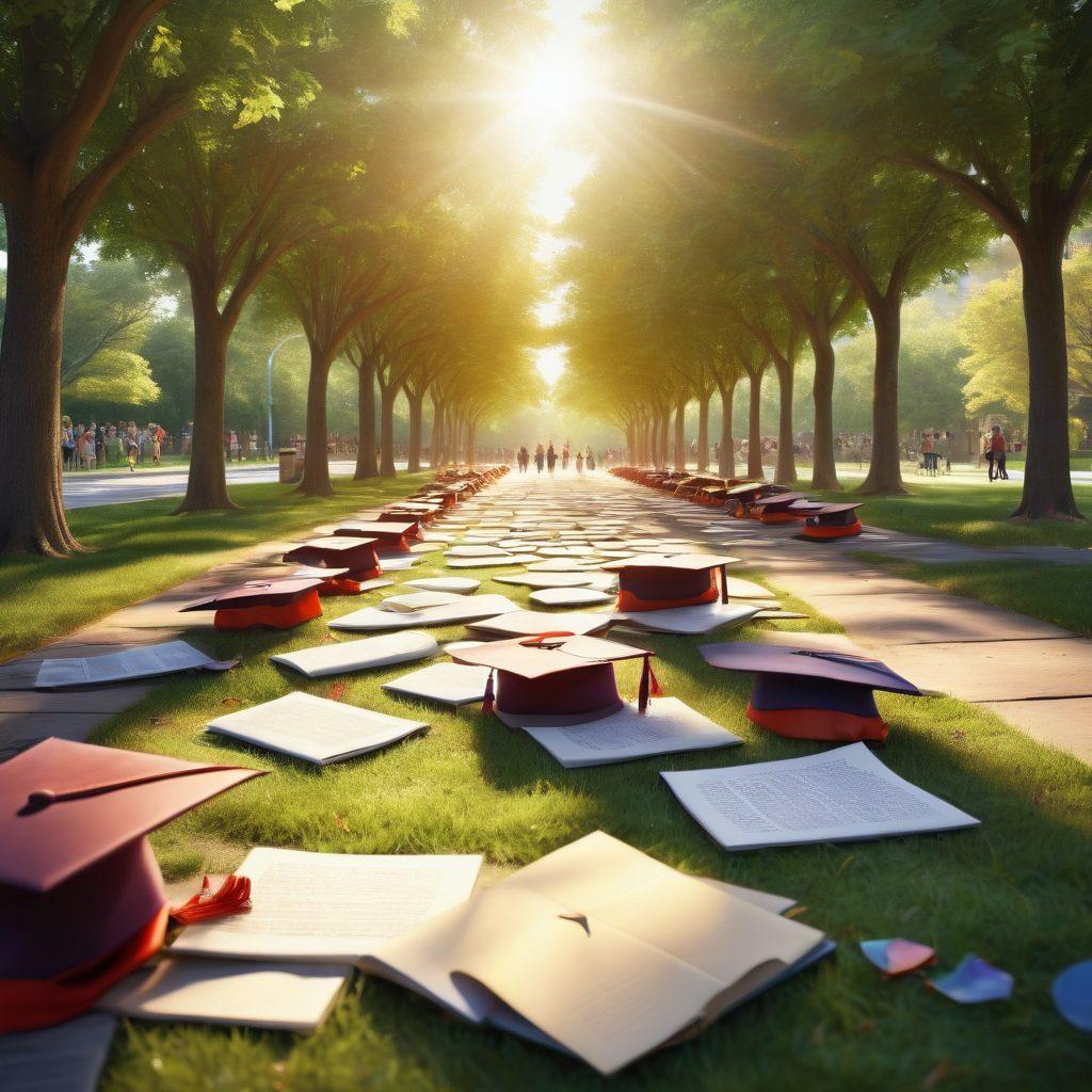 An open pathway through a serene academic campus, lined with books and graduation caps symbolizing knowledge and achievement. In the background, a diverse group of students is engaged in discussion, representing collaboration and growth. Light filters through trees, creating a hopeful ambiance. super-realistic. vibrant colors. 3D.